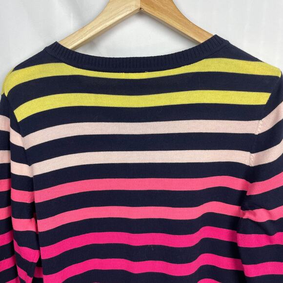 Talbots Striped Cardigan Size M Pink Yellow Navy Blue Button Down Twee Teacher - Picture 8 of 9